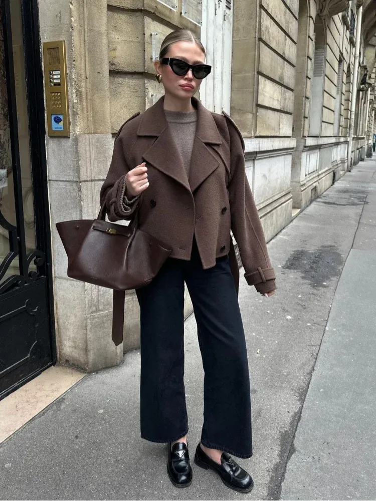 Back To School Joskaa Double Breasted Long Sleeved Lapel Women's Woolen Coats Casual Solid Color Pocket Short Jacket Lady Commuting Autumn Streetwears