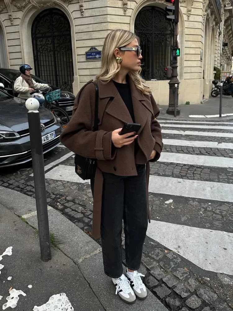 Back To School Joskaa Double Breasted Long Sleeved Lapel Women's Woolen Coats Casual Solid Color Pocket Short Jacket Lady Commuting Autumn Streetwears