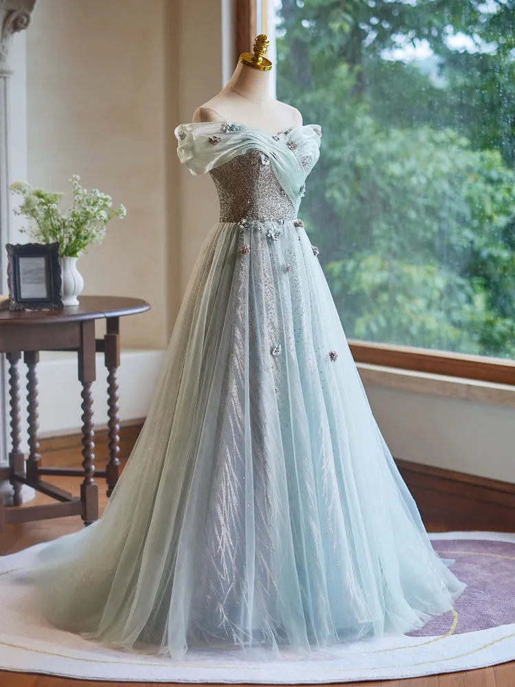 Beautiful Off the Shoulder Tulle Long Prom Dress with Flower Appliques
