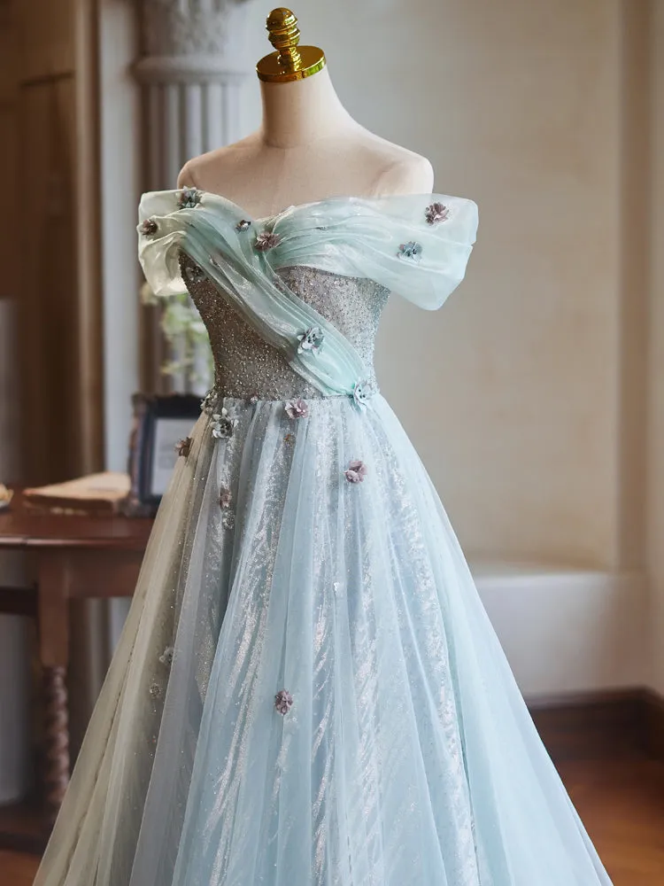 Beautiful Off the Shoulder Tulle Long Prom Dress with Flower Appliques