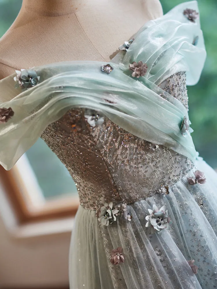 Beautiful Off the Shoulder Tulle Long Prom Dress with Flower Appliques
