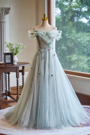 Beautiful Off the Shoulder Tulle Long Prom Dress with Flower Appliques