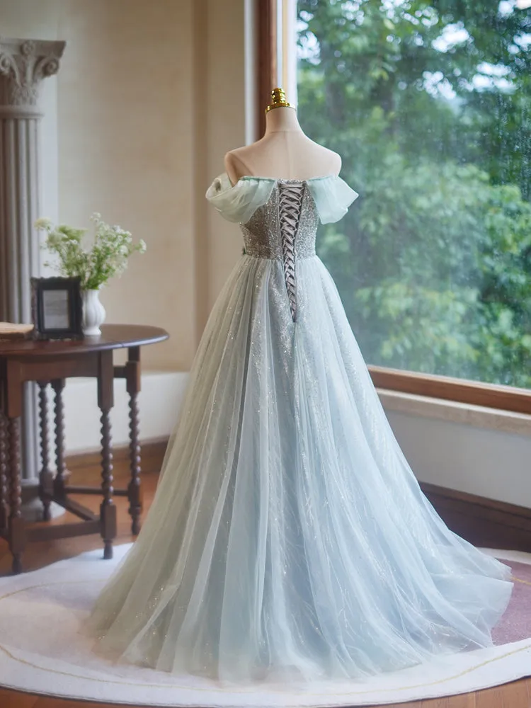 Beautiful Off the Shoulder Tulle Long Prom Dress with Flower Appliques
