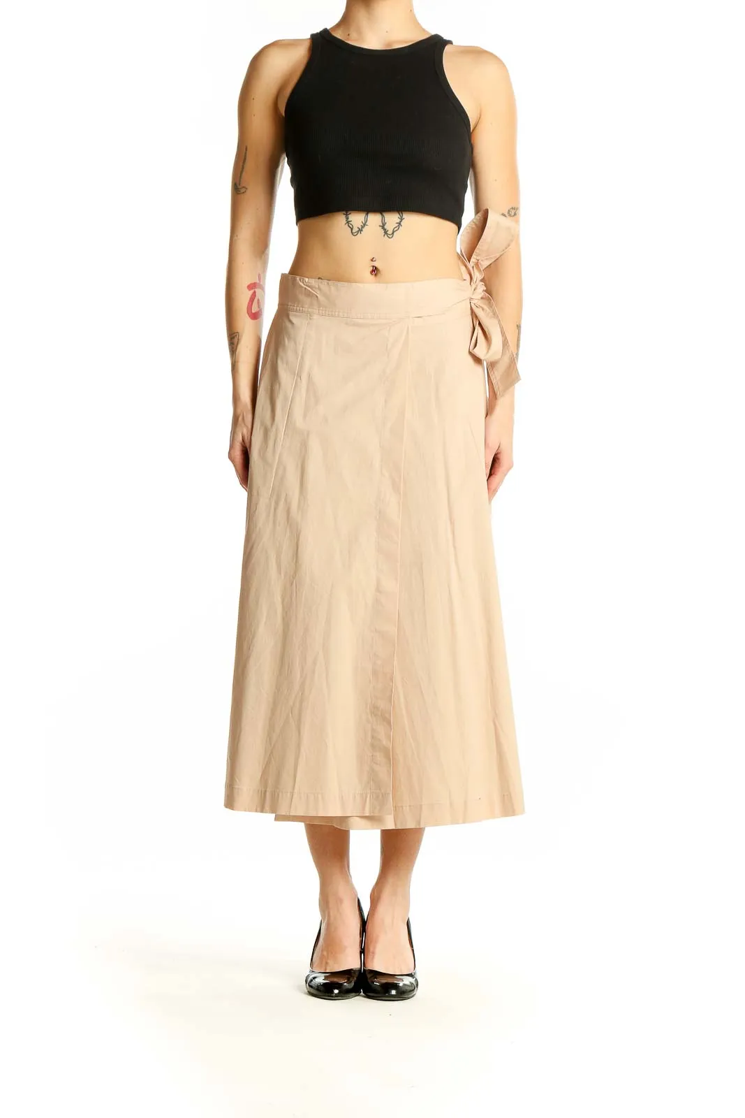 Beige Cotton Blend Midi Wrap Skirt