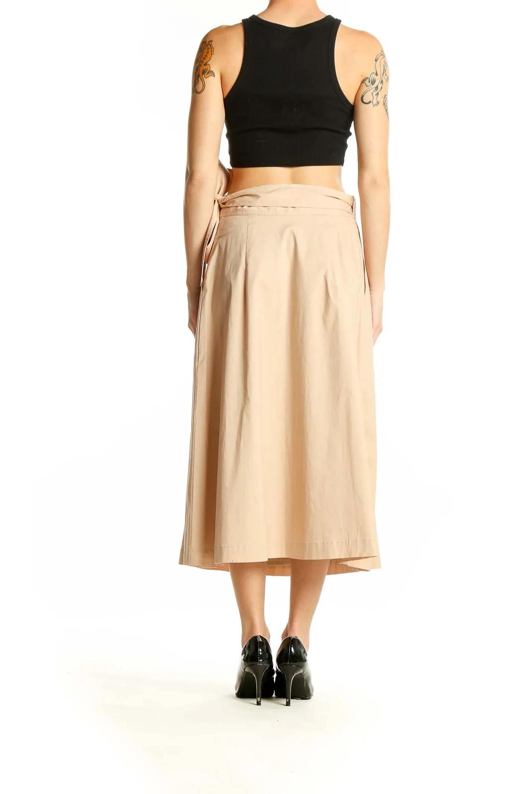 Beige Cotton Blend Midi Wrap Skirt