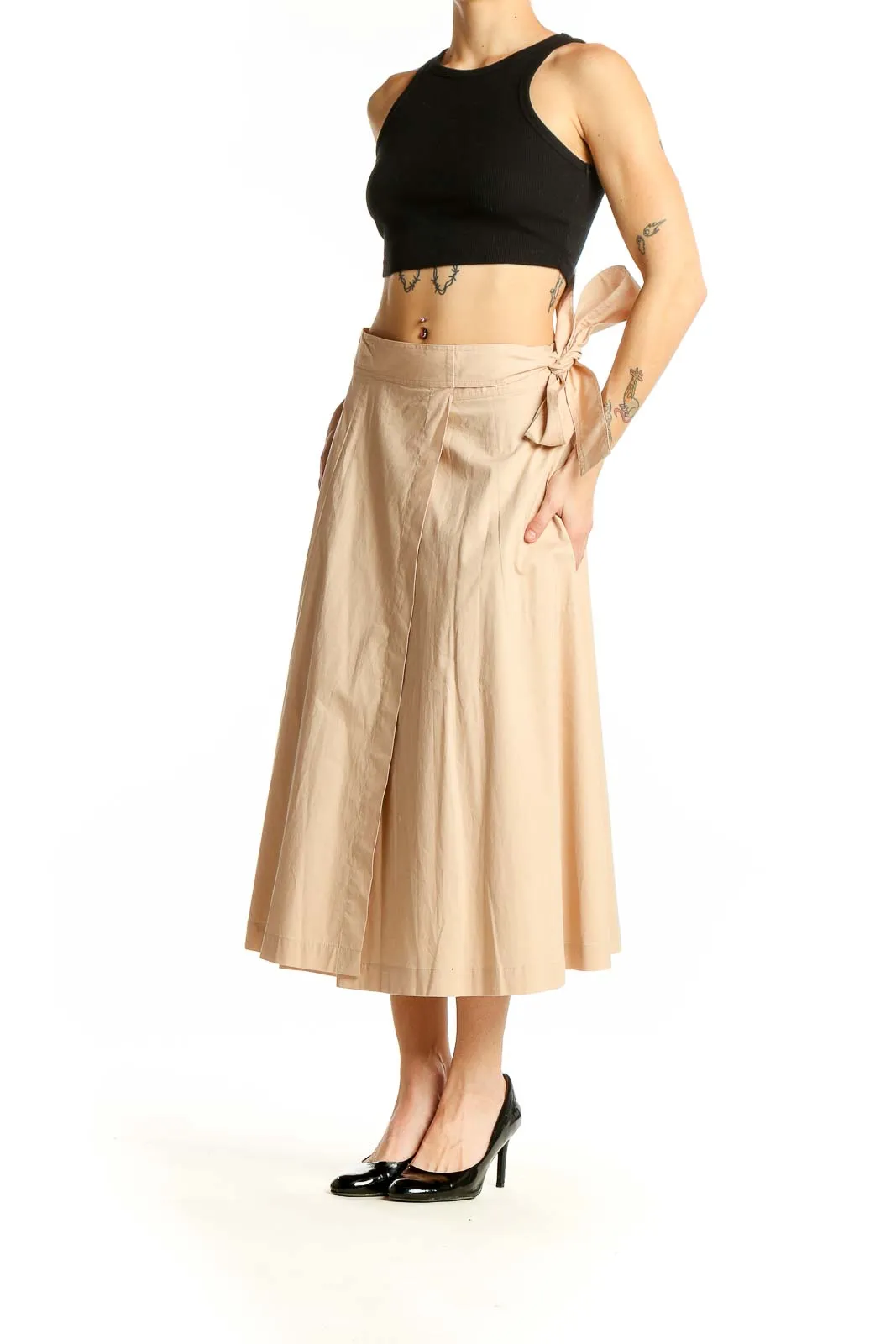 Beige Cotton Blend Midi Wrap Skirt