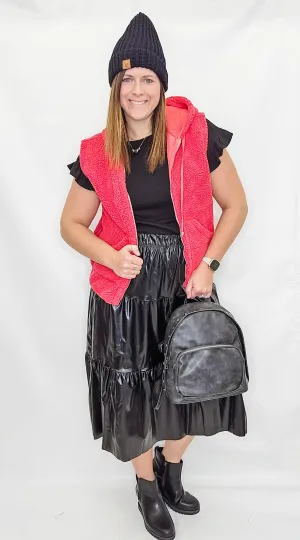 Black, Faux Leather Midi Skirt