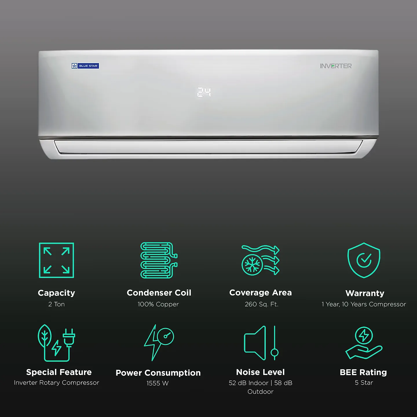 Blue Star IC524DNU  5 in 1 Convertible 2 Ton 5 Star Inverter Split AC with Turbo Cool Technology ( Copper Condenser)