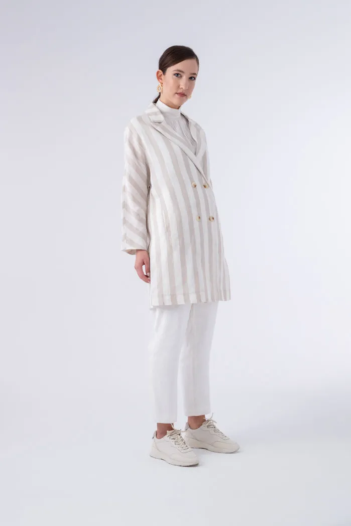 Choice Double Breasted Striped Notched Lapel Blazer Beige