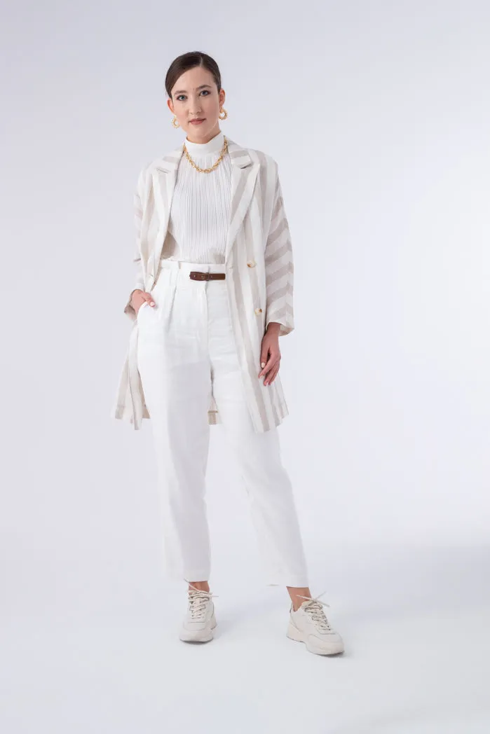 Choice Double Breasted Striped Notched Lapel Blazer Beige