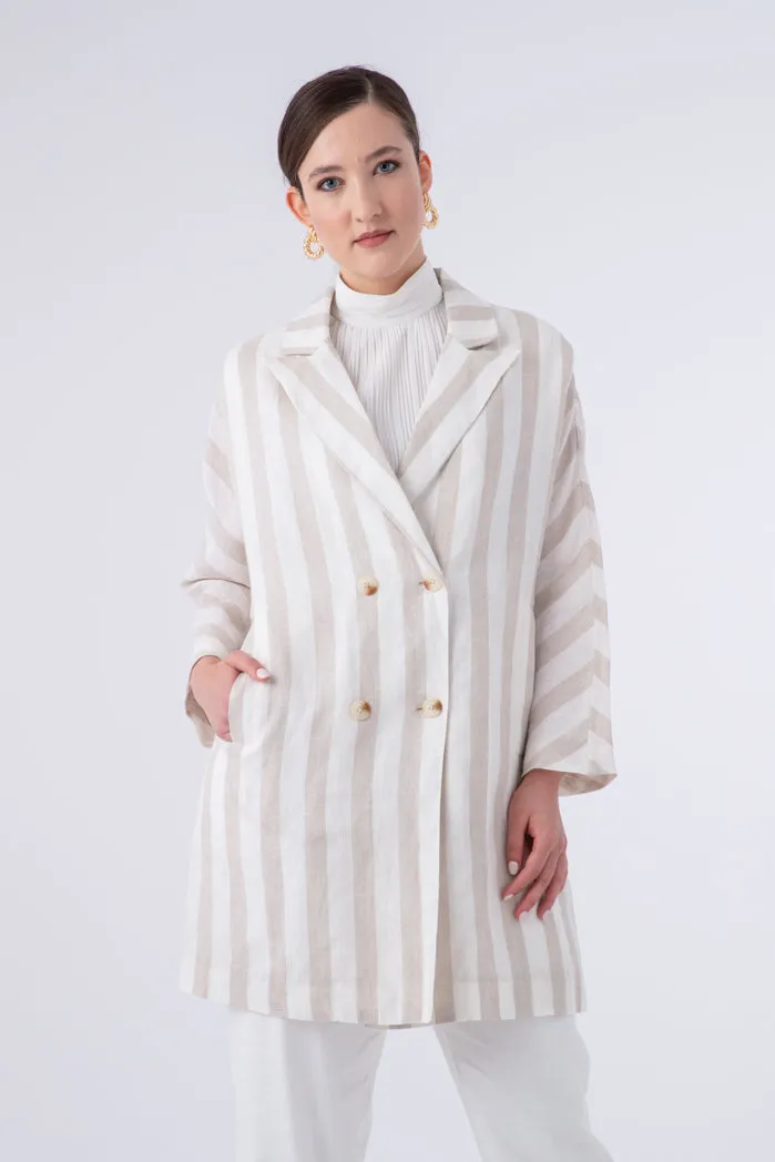 Choice Double Breasted Striped Notched Lapel Blazer Beige