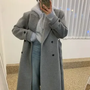 Collared Plain Midi Double Breasted Coat