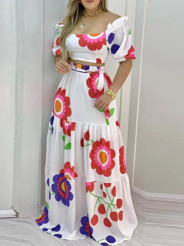 Floral Print Lace-Up Backless Crop Top   Tiered Ruffled Maxi Skirt 2-Piece Set