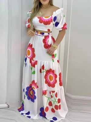 Floral Print Lace-Up Backless Crop Top   Tiered Ruffled Maxi Skirt 2-Piece Set