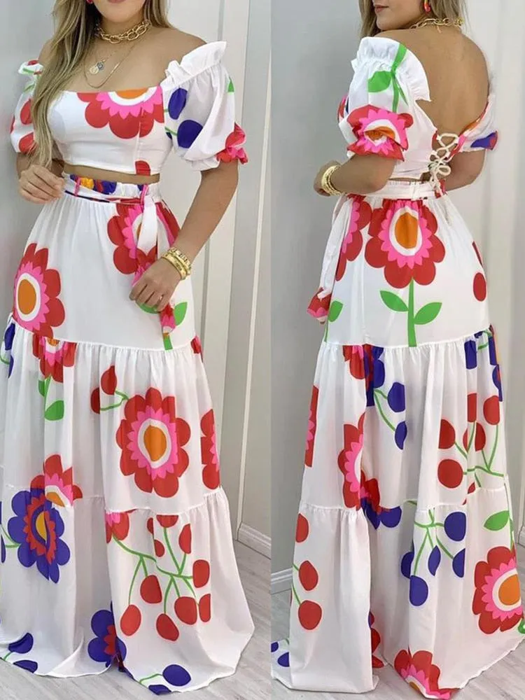Floral Print Lace-Up Backless Crop Top   Tiered Ruffled Maxi Skirt 2-Piece Set