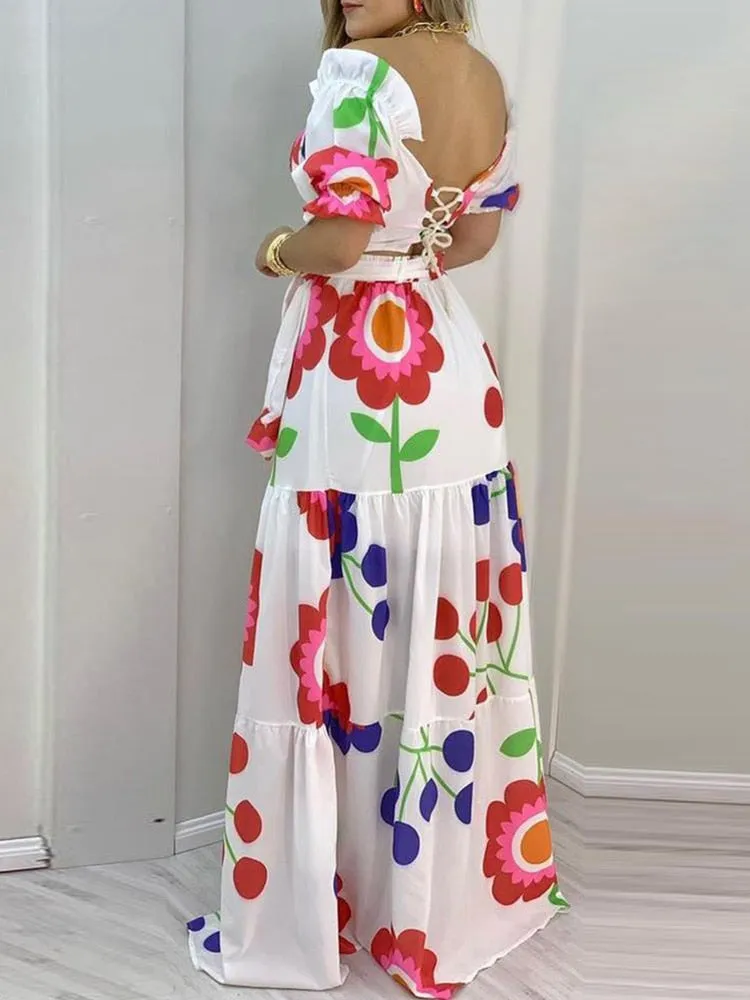 Floral Print Lace-Up Backless Crop Top   Tiered Ruffled Maxi Skirt 2-Piece Set