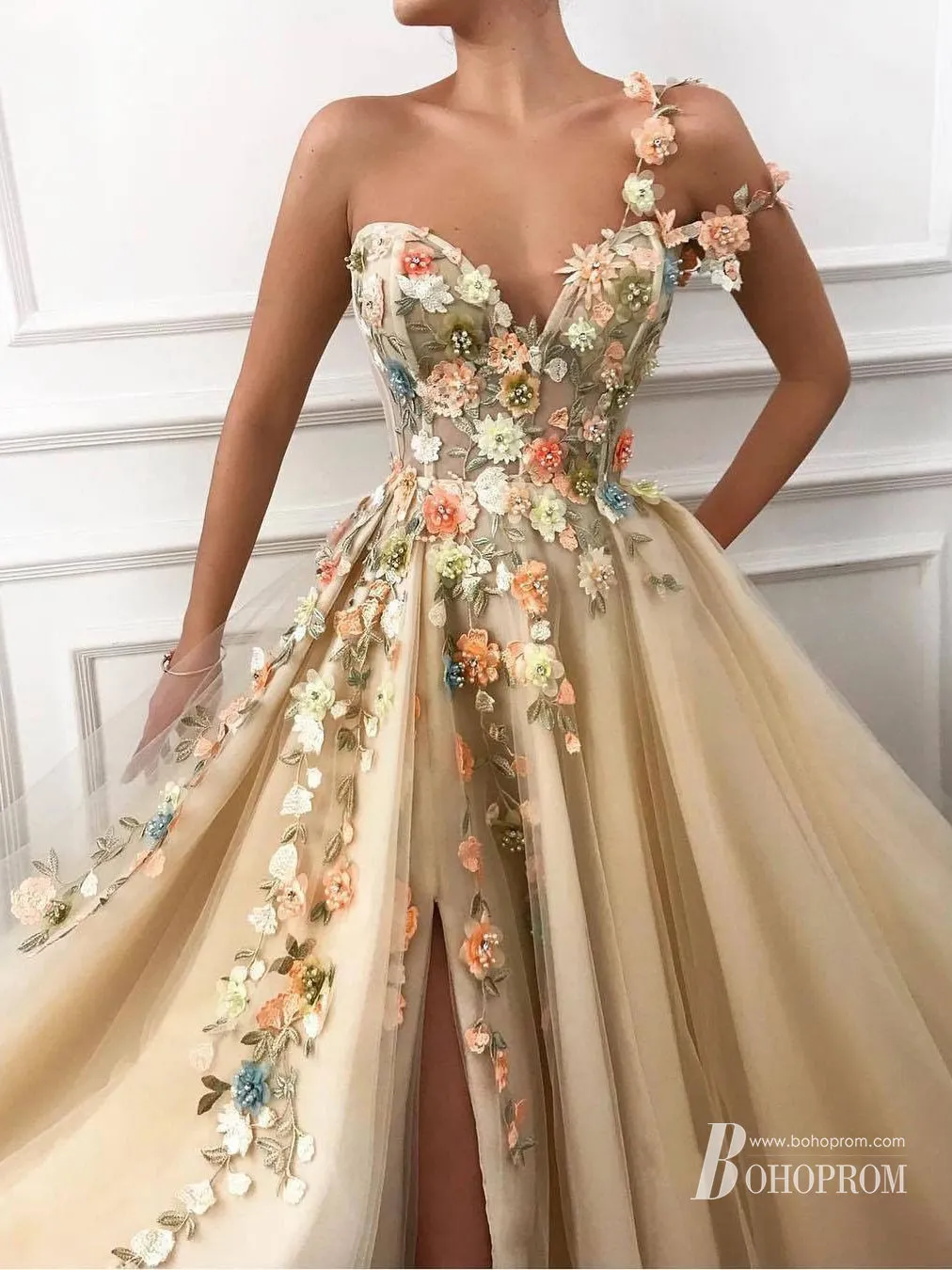 Glamorous Flower Appliques One-shoulder Tulle A-line Evening Dresses Prom Dress PD632