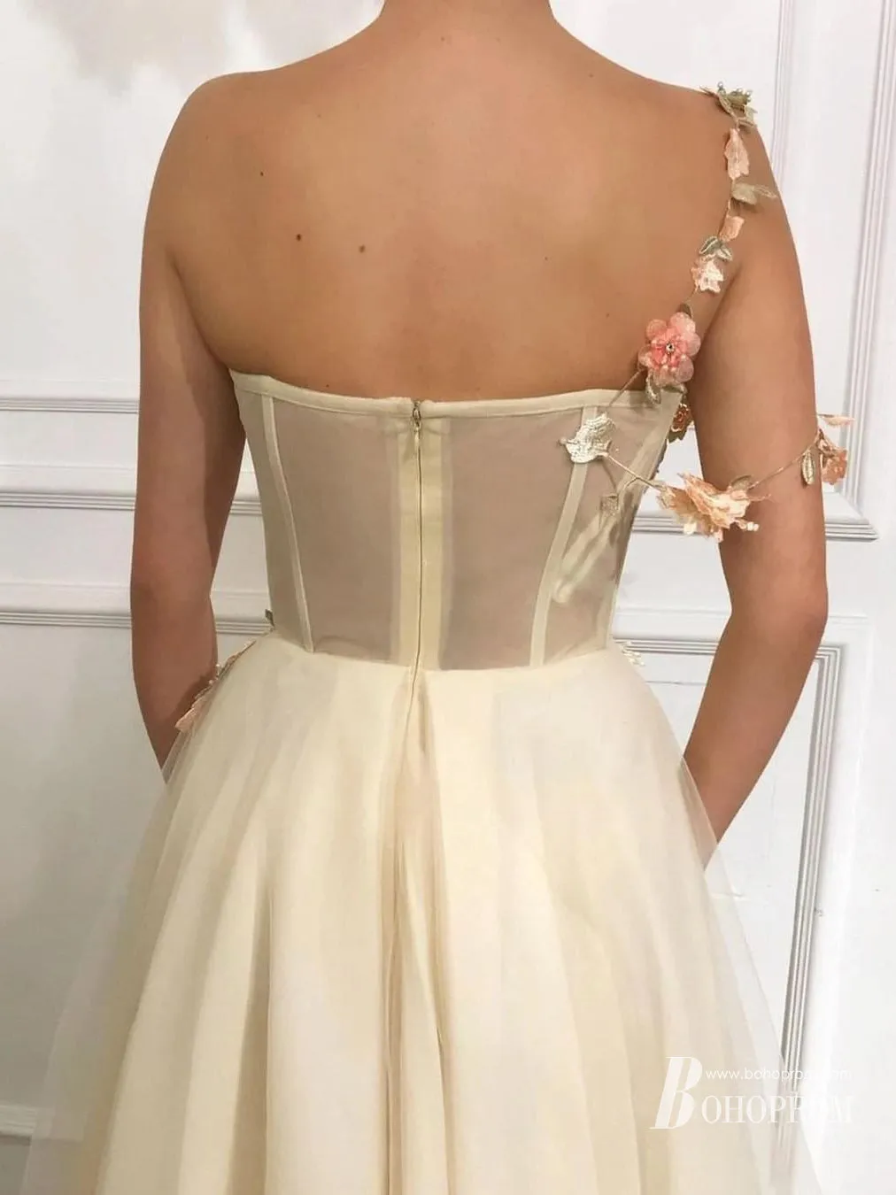 Glamorous Flower Appliques One-shoulder Tulle A-line Evening Dresses Prom Dress PD632
