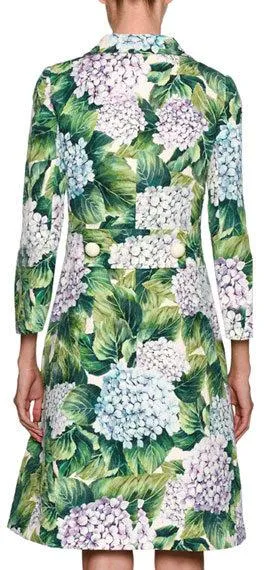 Hydrangea Single-Breasted Brocade Coat, Green