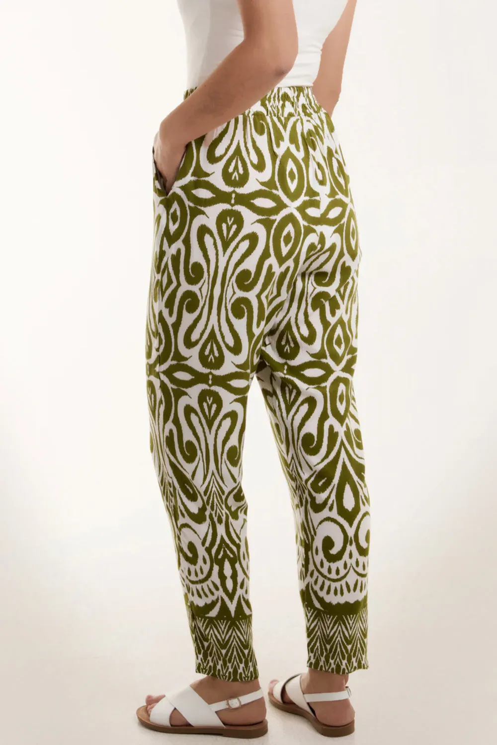 Khaki Ikat Print Pull On Trousers