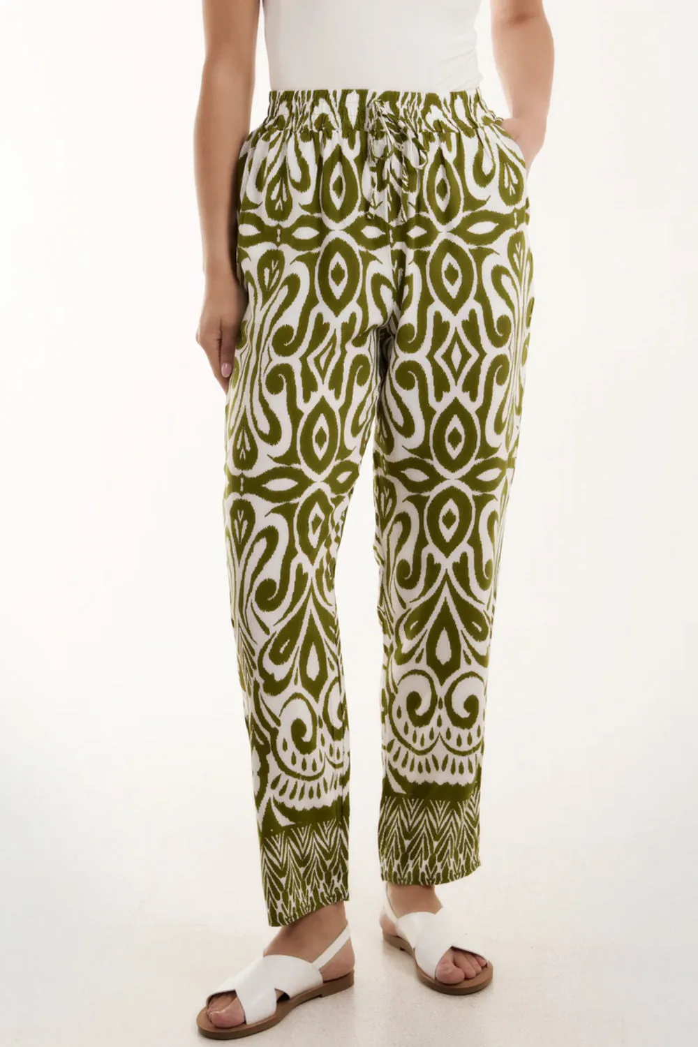 Khaki Ikat Print Pull On Trousers