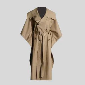 Lapel Trench Coat with Batwing Sleeves - Khaki