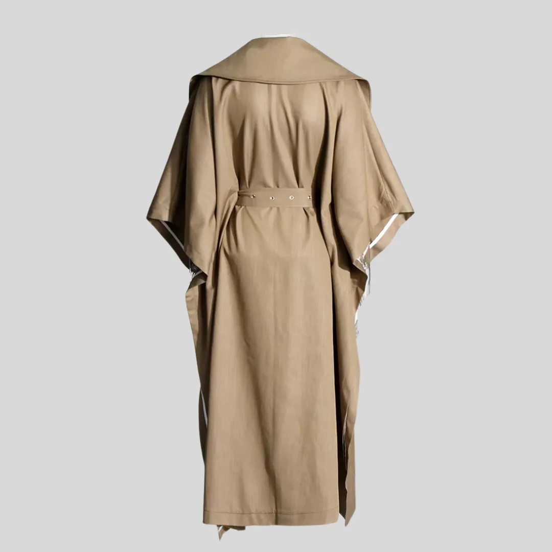Lapel Trench Coat with Batwing Sleeves - Khaki