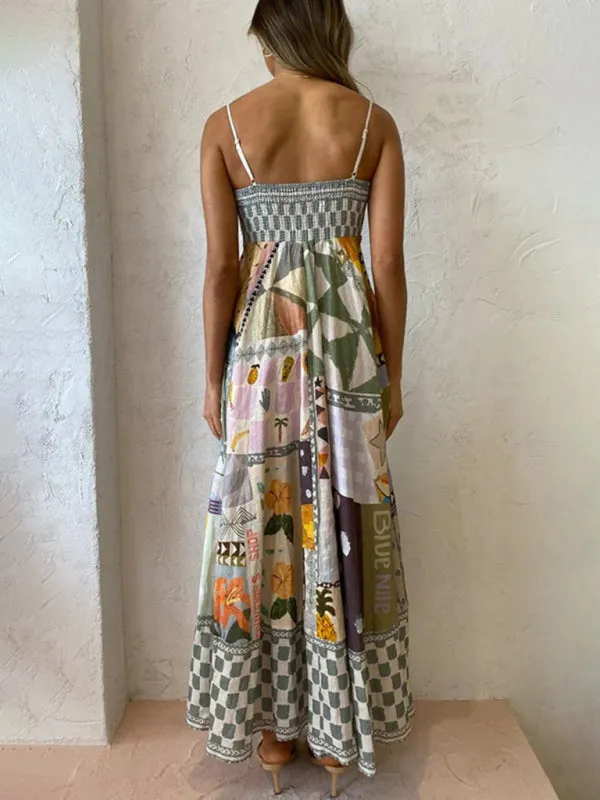 Linen Multi Print Smocked Cami Maxi Dress