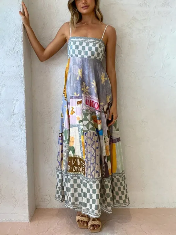 Linen Multi Print Smocked Cami Maxi Dress