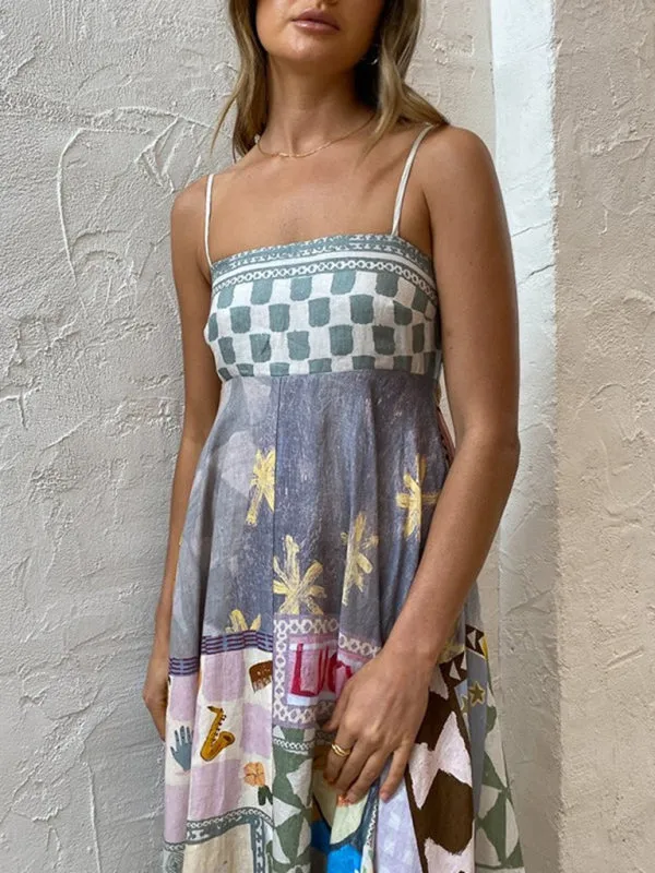 Linen Multi Print Smocked Cami Maxi Dress