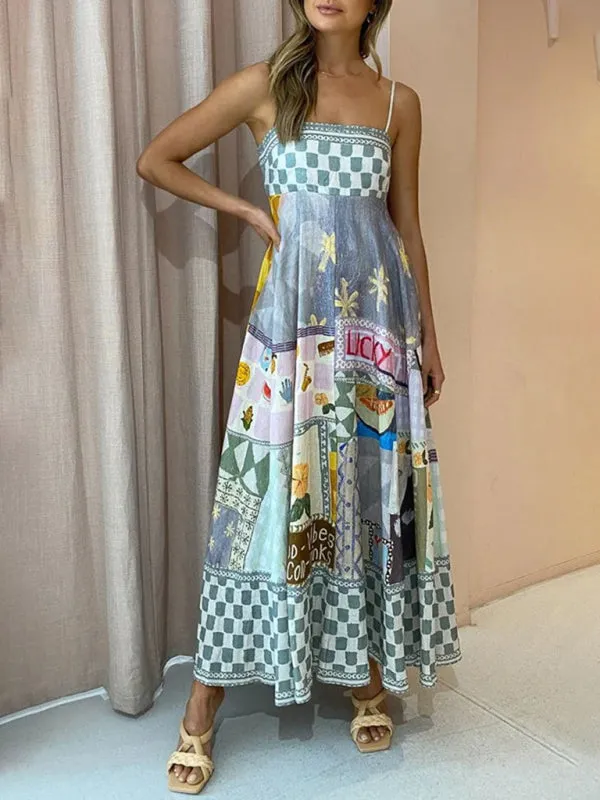 Linen Multi Print Smocked Cami Maxi Dress