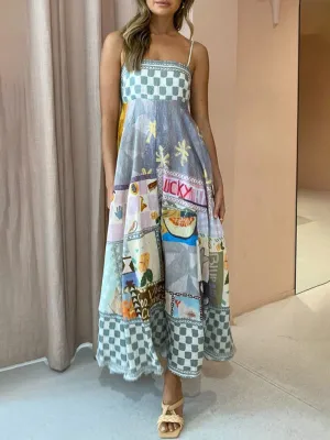 Linen Multi Print Smocked Cami Maxi Dress