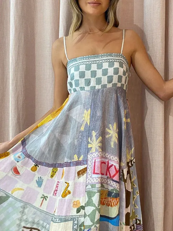 Linen Multi Print Smocked Cami Maxi Dress
