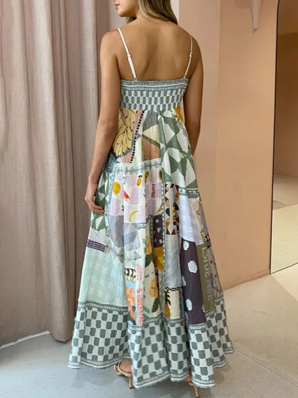 Linen Multi Print Smocked Cami Maxi Dress