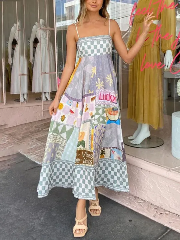 Linen Multi Print Smocked Cami Maxi Dress