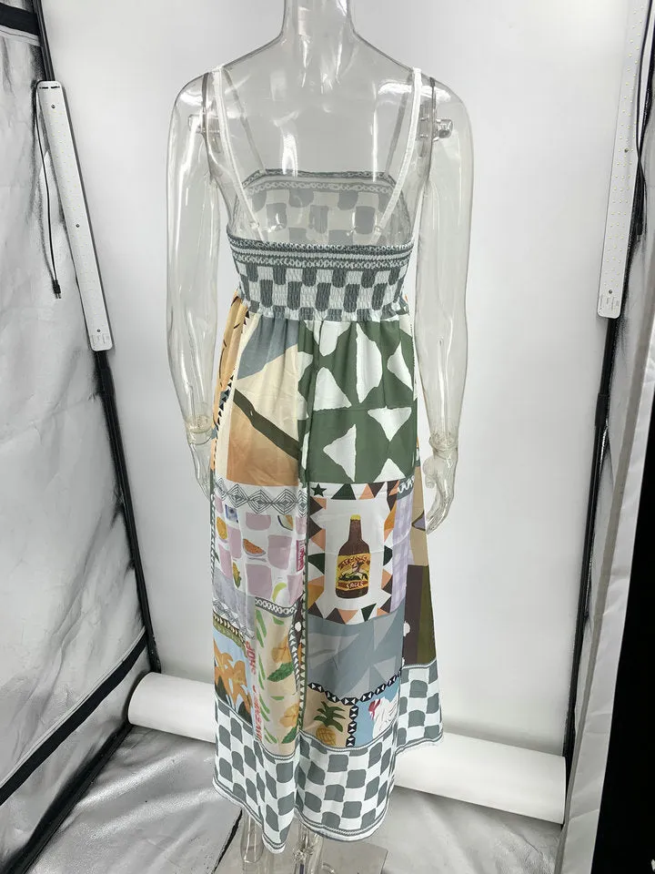 Linen Multi Print Smocked Cami Maxi Dress