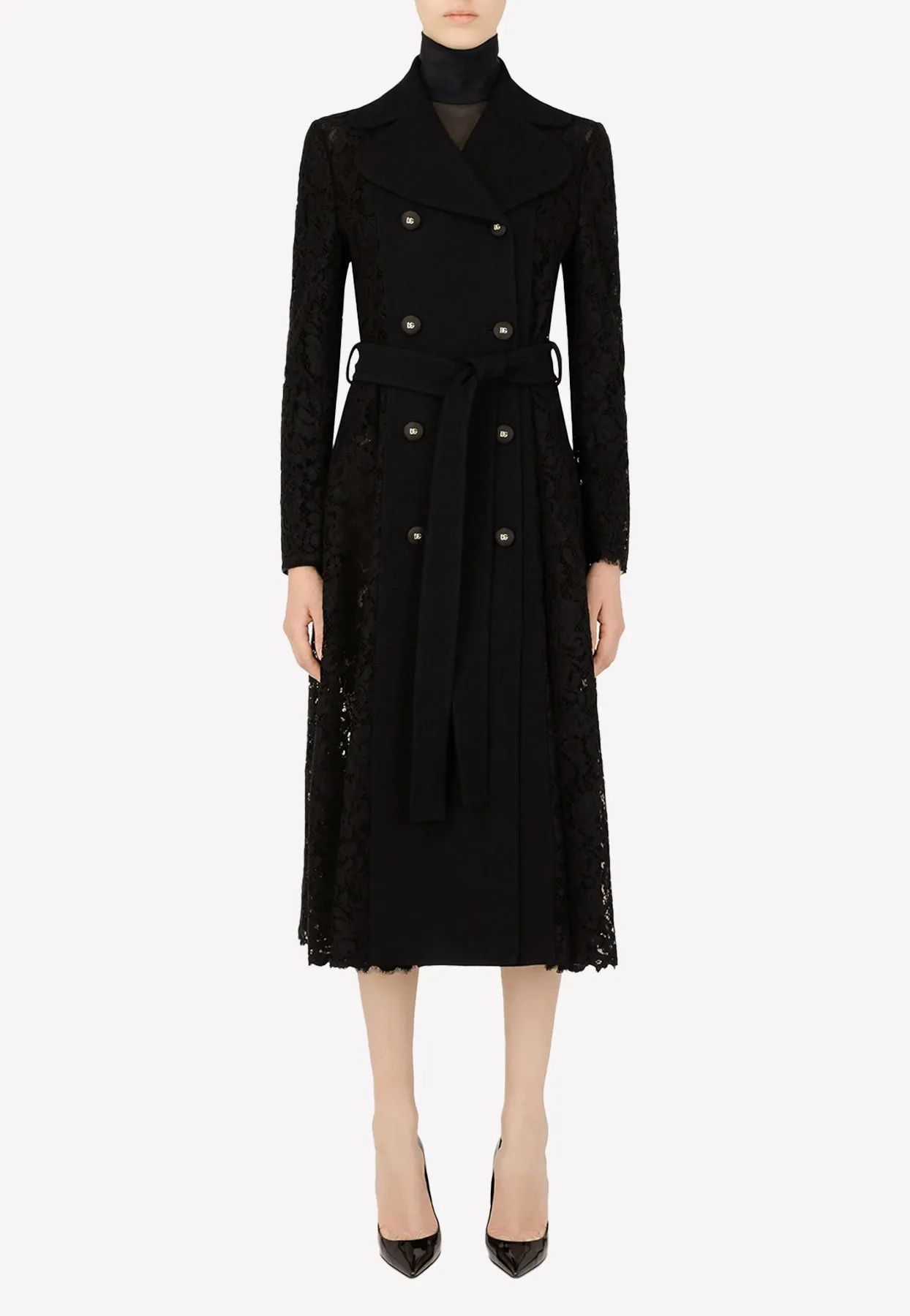 Long Coat in Cordonetto Lace with Belt