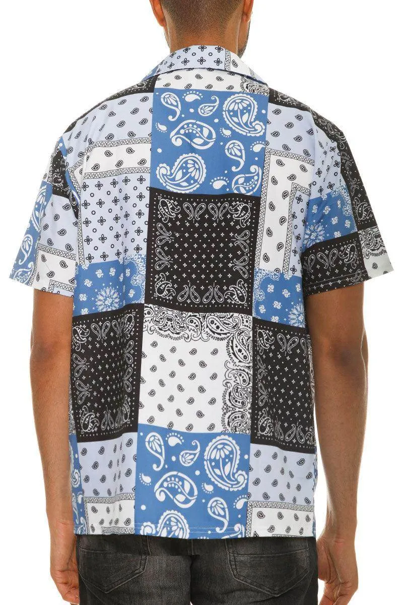 Mens Blue Black Paisley Print Button Down Shirt