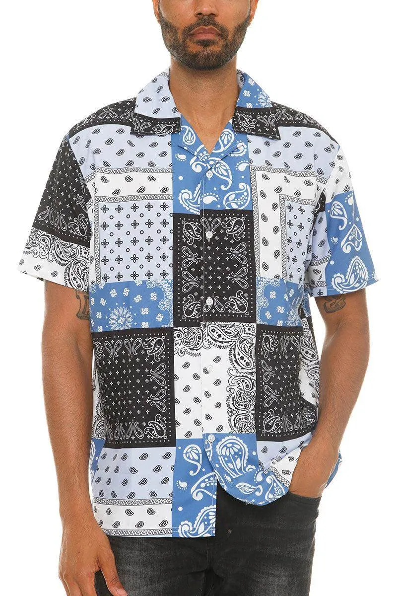 Mens Blue Black Paisley Print Button Down Shirt