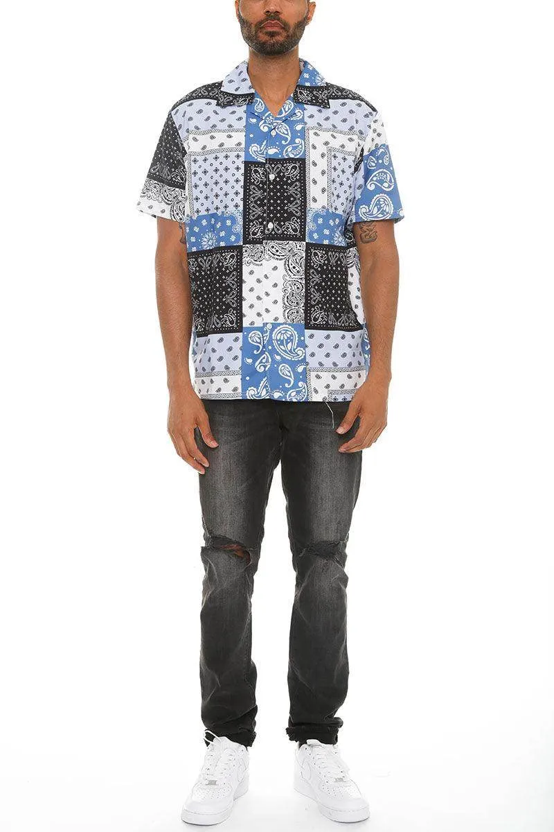 Mens Blue Black Paisley Print Button Down Shirt
