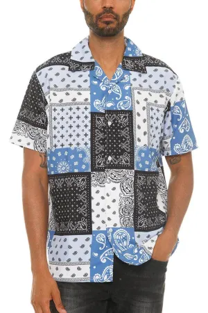Mens Blue Black Paisley Print Button Down Shirt