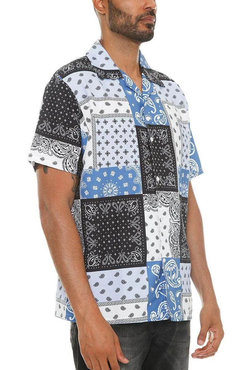 Mens Blue Black Paisley Print Button Down Shirt