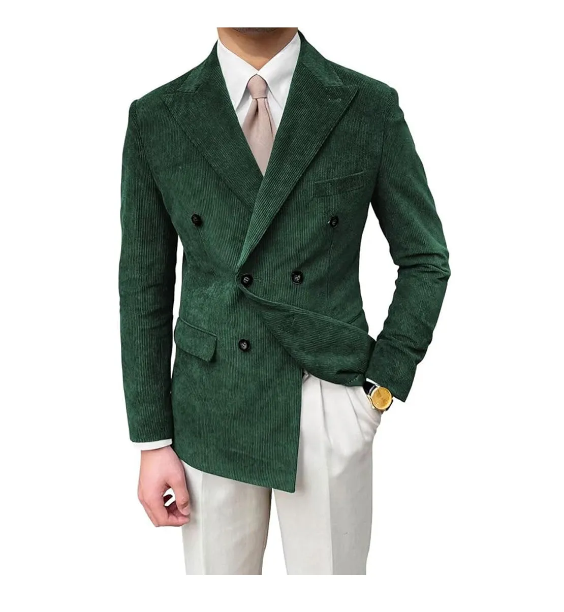 Men's Fashion Corduroy Peak Lapel Double Breasted Jacket Sport Coat