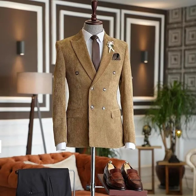 Men's Fashion Corduroy Peak Lapel Double Breasted Jacket Sport Coat