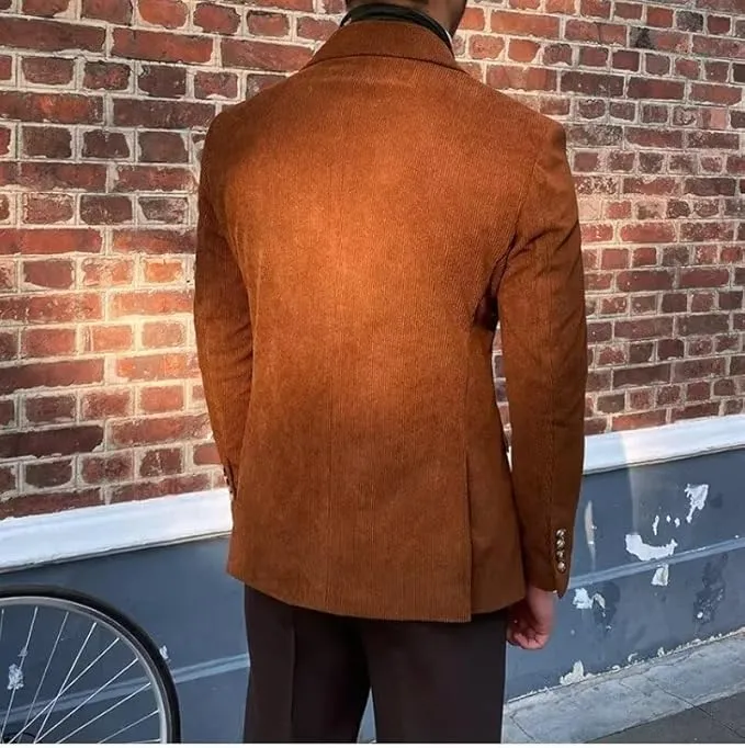Men's Fashion Corduroy Peak Lapel Double Breasted Jacket Sport Coat