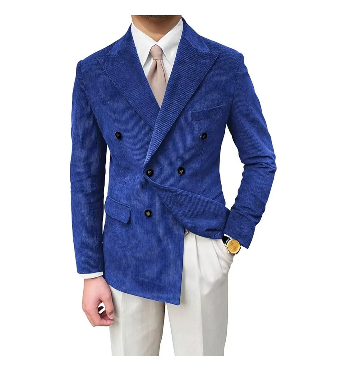 Men's Fashion Corduroy Peak Lapel Double Breasted Jacket Sport Coat