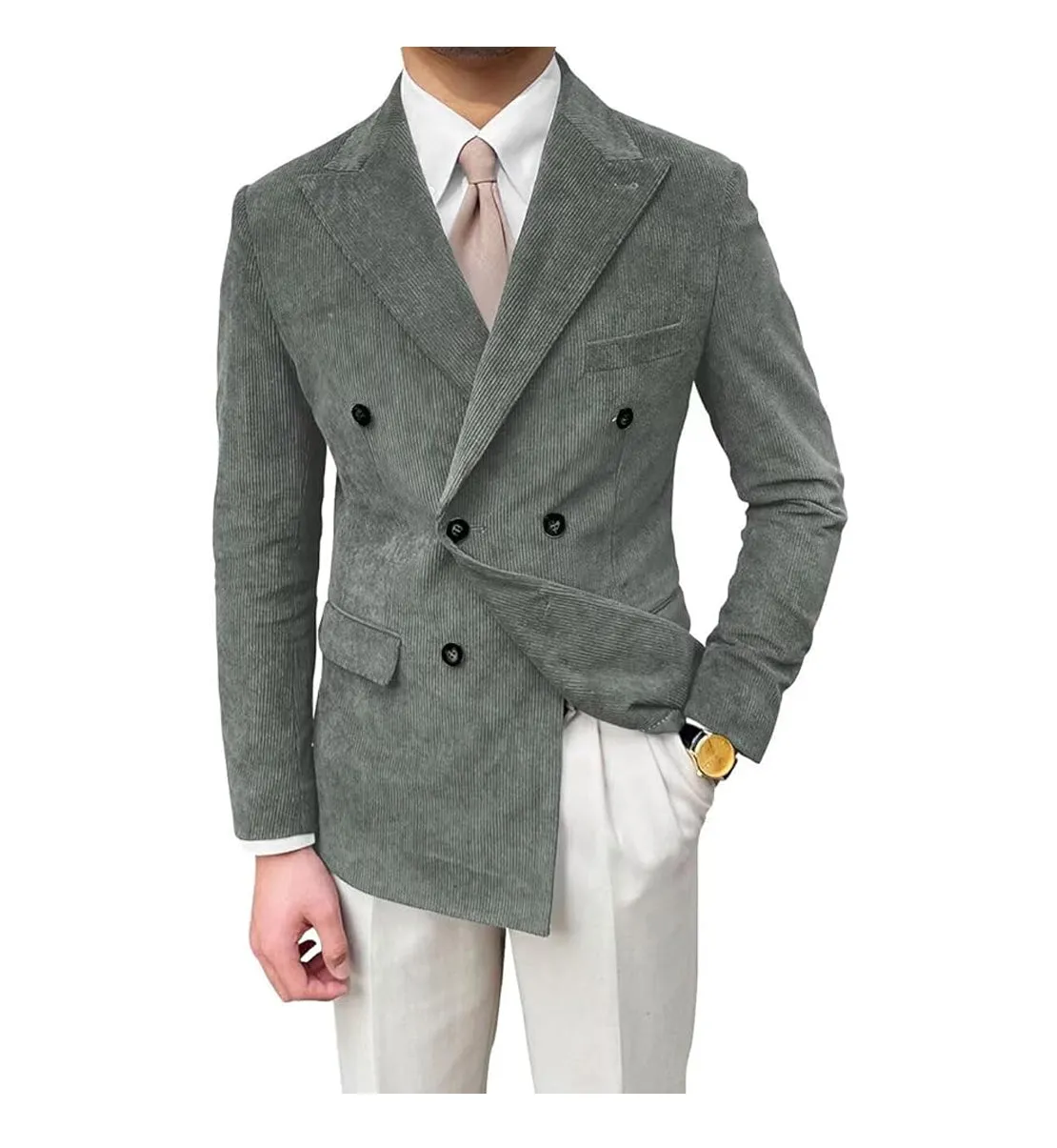 Men's Fashion Corduroy Peak Lapel Double Breasted Jacket Sport Coat