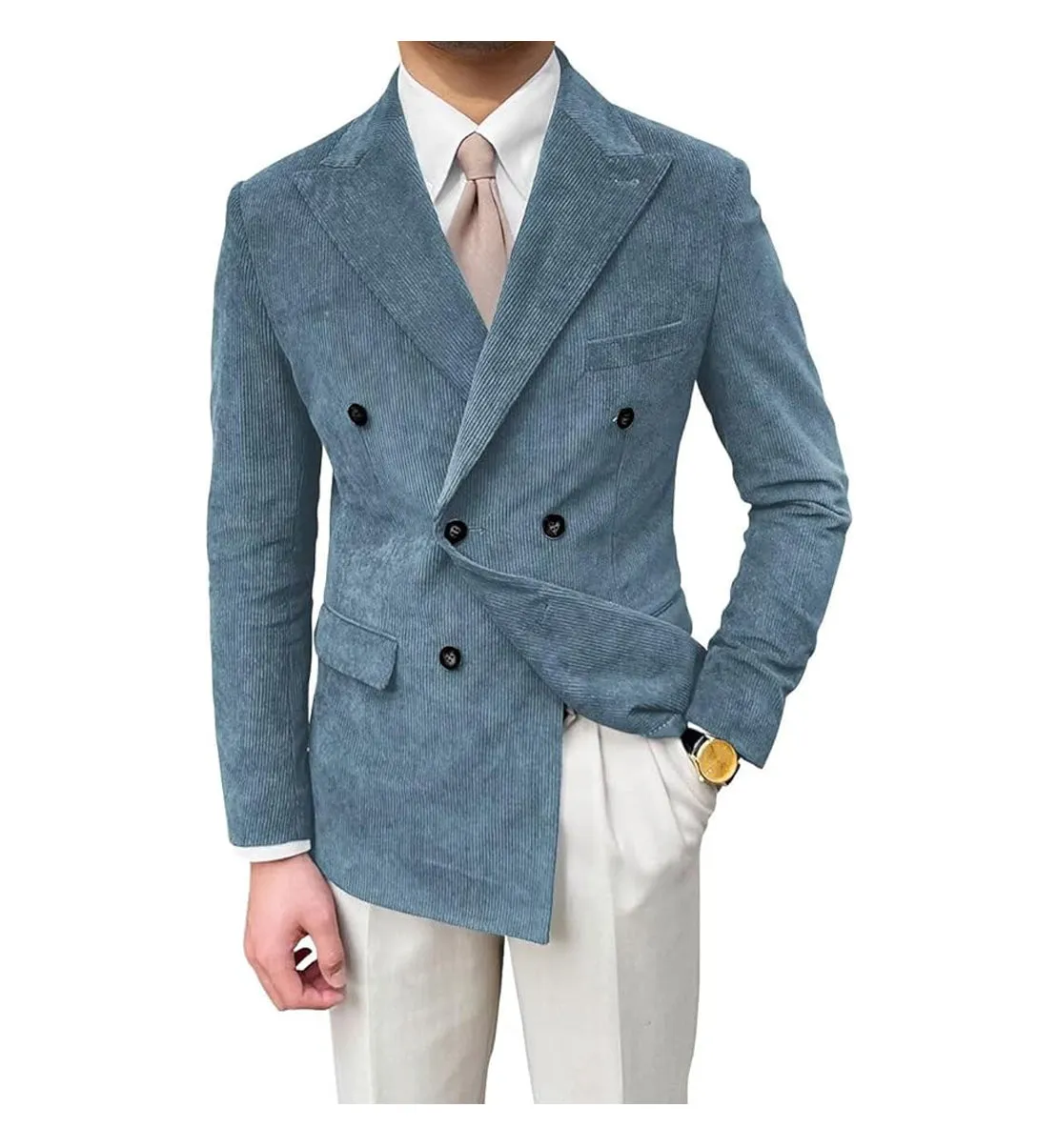 Men's Fashion Corduroy Peak Lapel Double Breasted Jacket Sport Coat