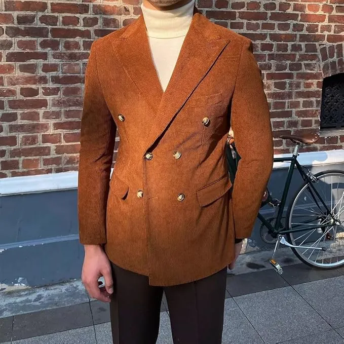 Men's Fashion Corduroy Peak Lapel Double Breasted Jacket Sport Coat