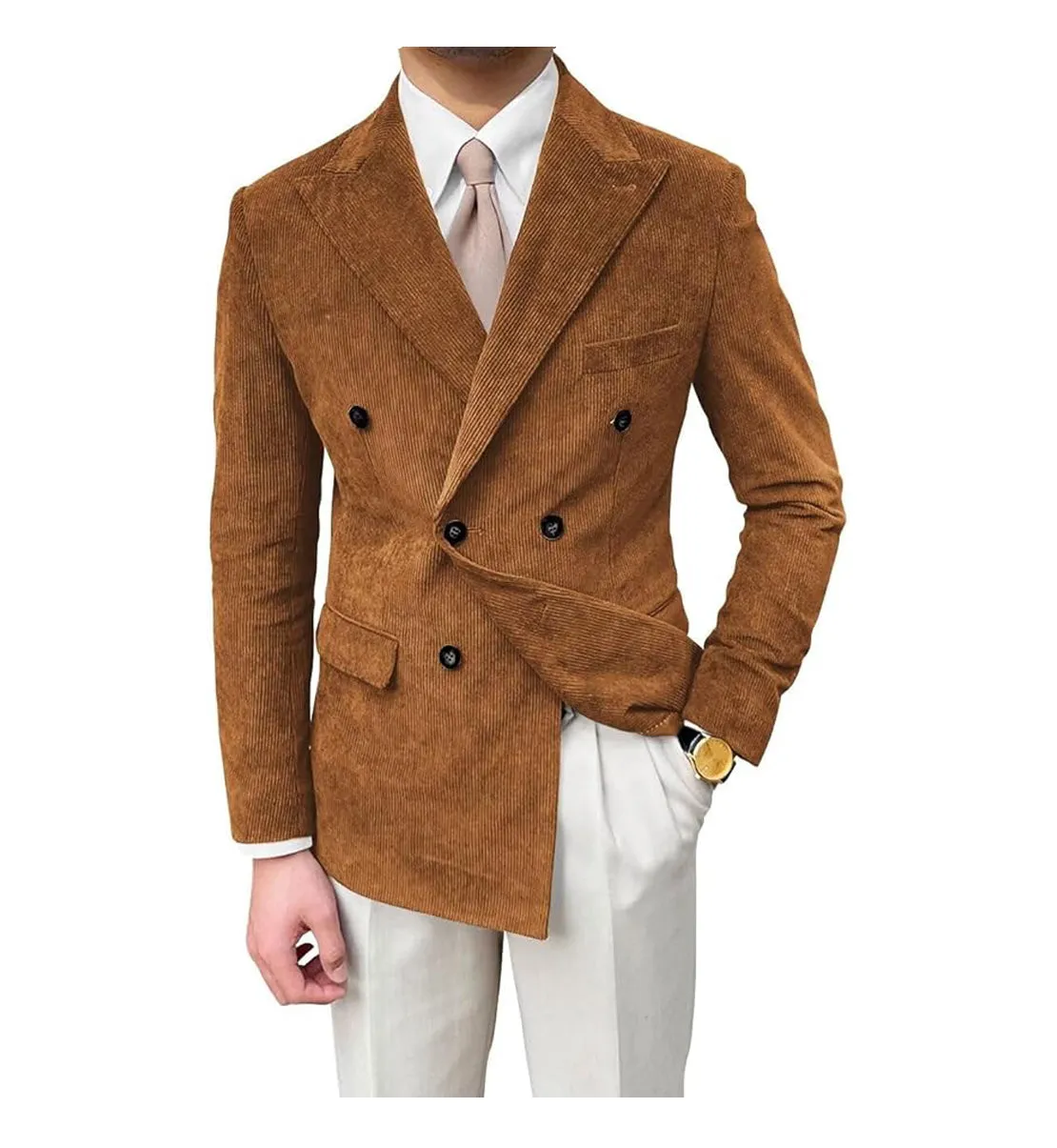 Men's Fashion Corduroy Peak Lapel Double Breasted Jacket Sport Coat